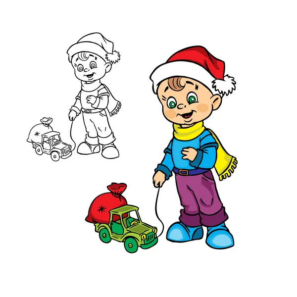 Niño de Navidad con un coche de juguete — Vector de stock